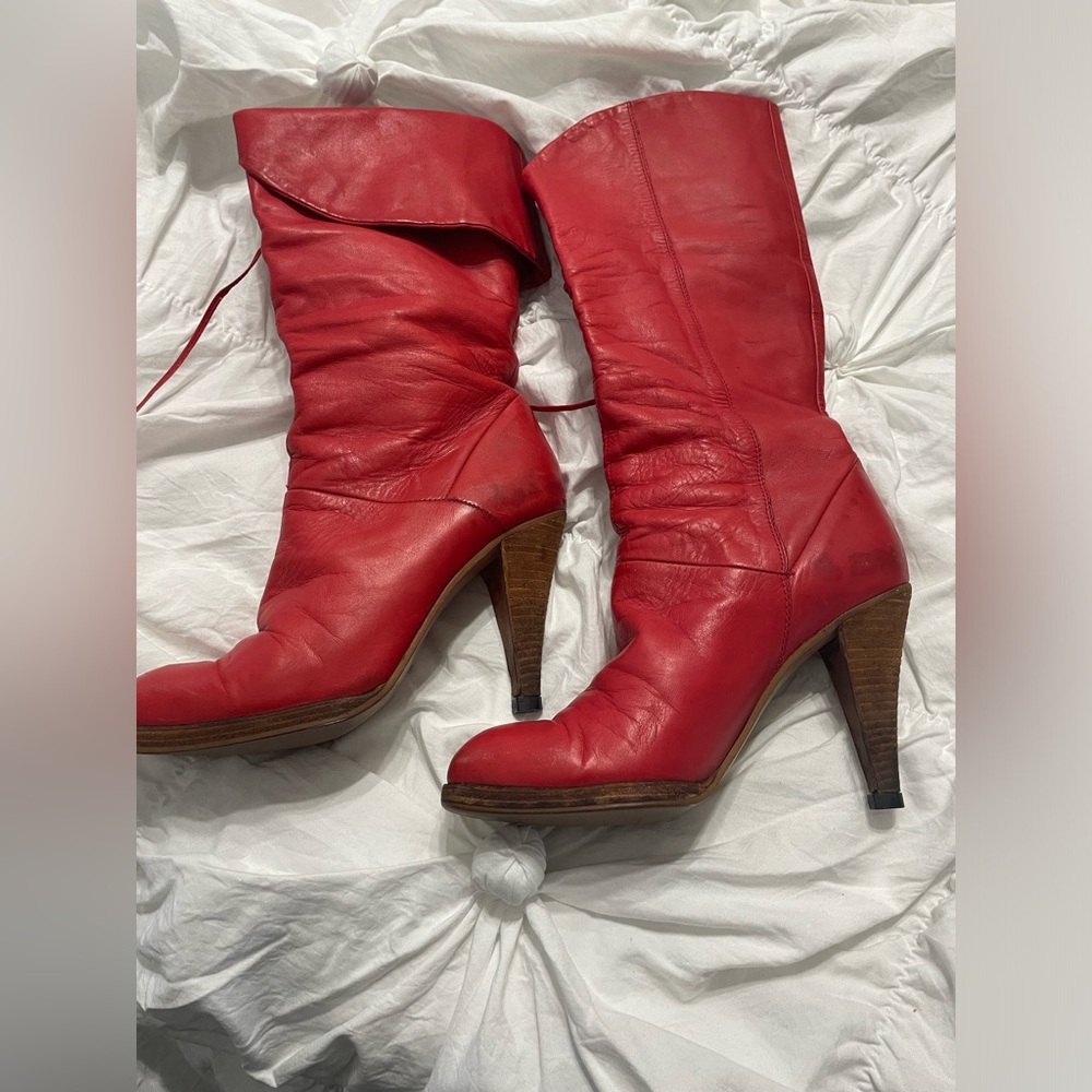 SIZE 6.5 Red Leather boots.  Wear up or fold down. Small front platform.